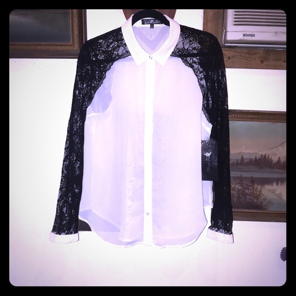 Sheer White Button Up With Lace Sleeves - Picture 1 of 7